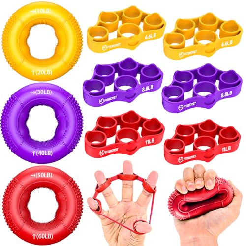 FitBeast Grip Strength Trainer, Finger Exerciser, Forearm Strengthener 9-Piece Kit, Hand Grip Strengthener Targeted Strength, Relief & Recovery - color: Red