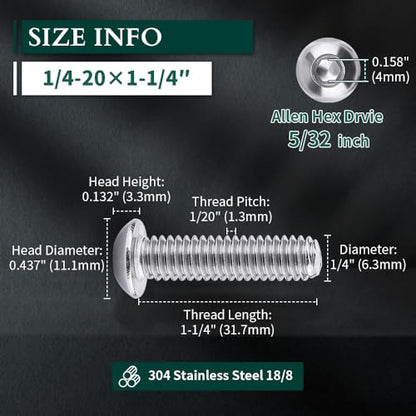 1/4-20 x 1-1/4" Button Head Socket Cap Bolts Screws, 304 Stainless Steel 18-8, Allen Hex Drive, Bright Finish, Fully Machine Thread, Pack of 25 - size: 1/4-20 x 1-1/4
