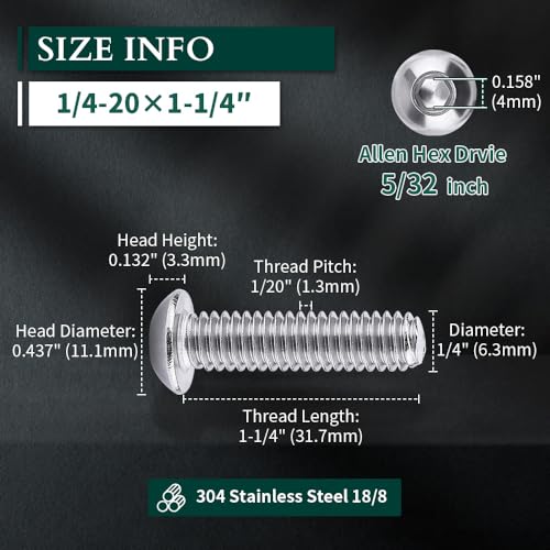1/4-20 x 1-1/4" Button Head Socket Cap Bolts Screws, 304 Stainless Steel 18-8, Allen Hex Drive, Bright Finish, Fully Machine Thread, Pack of 50 - size: 1/4-20 x 1-1/4