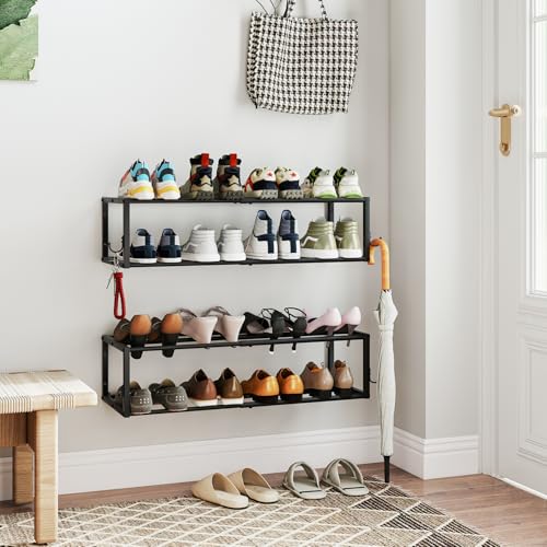 2 Pack Wall Mounted Shoe Rack, Expandable 16-29" with 4 Hooks | 2-Tier Metal Adjustable Hanging Shoe Rack Organizer Holds 16 Pairs for Entryway, Closet, Bedroom, Garage or Small Spaces - size: 29.72" W x 11" L x 7.68" H
