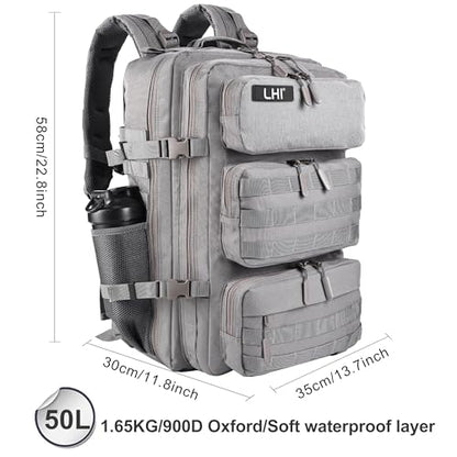 LHI Tactical Military Backpack for Men and Women 25L/35L Army Assault Pack Bag Small Rucksack with Bottle Holder - color: 50l-shoe Compartment(grey), size: Large