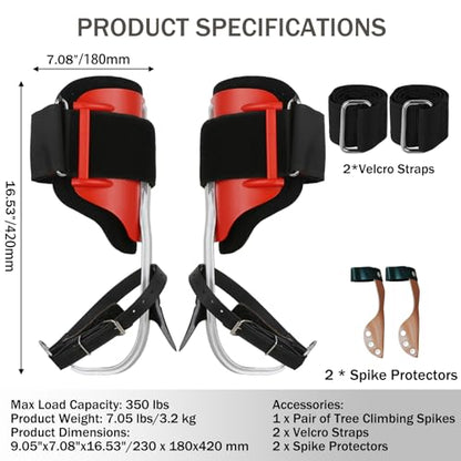 Tree Climbing Spikes Set,Tree Climbing Gear, 1 Pair Alloy Steel Climbing Spurs,350lbs Load Capacity, Arborist Equipment for Climbers, Fruit Picking and Lumberjack - color: Red Climbing Spikes Set B