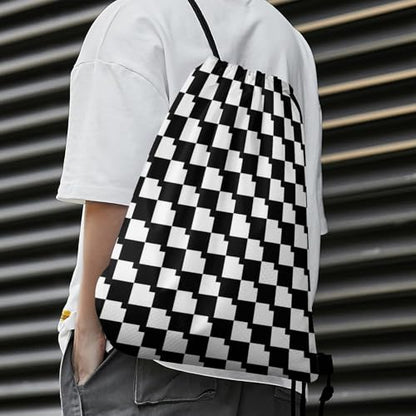 Sports Drawstring Bag Gym Sackpack Waterproof String Backpack for Running Training Fitness Men Women Unisex, Race Checkerboard Checkered Black And White Bags - color: Picture (33)
