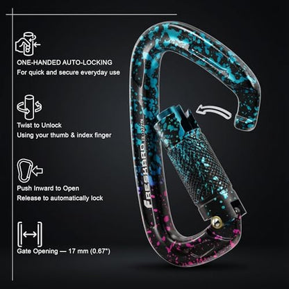 FresKaro UIAA Certified 25KN Auto Locking Climbing Carabiner Clips, Twist Lock, and Heavy Duty Carabiners for Rock Climbing, Rappelling, and Mountaineering, D Shaped - color: 3PCS-SPECKLED