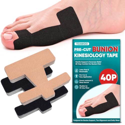 TEAWOO Pre-Cut Kinesiology Tape for Bunion, 40PCS Bunion Corrector Tape for Big Toe Discomfort Relief & Joint Support, Breathable Hypoallergenic Latex-Free (Beige & Black)