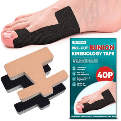 TEAWOO Pre-Cut Kinesiology Tape for Bunion, 40PCS Bunion Corrector Tape for Big Toe Discomfort Relief & Joint Support, Breathable Hypoallergenic Latex-Free (Beige & Black)