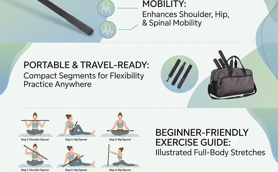 Semme Adjustable Yoga Stick Exercise Bar Stretching Mobility Pole with 3 Lengths 30 45 60 Inches Full Foam Sleeve for Home Gym Pilates Flexibility Training