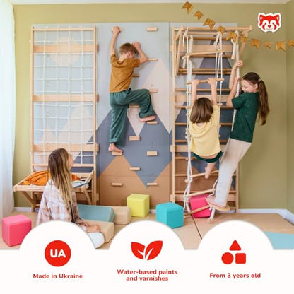 Wood And Hearts 8in1 Modular Swedish Wall Gym Set for Kids Indoor Active Play – Adjustable Pull-Up Bar, Rock Climbing Wall, Rope Accessories & Decorative Panels (Base Set+Rope Accessories+Sit-Up Bar) - style: Base Set + Rope Accessories + Sit-Up Bar