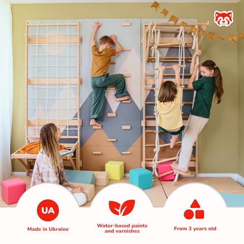 Wood And Hearts 8in1 Modular Swedish Wall Gym Set for Kids Indoor Active Play – Adjustable Pull-Up Bar, Rock Climbing Wall, Rope Accessories & Decorative Panels (Base Set+Rope Accessories+Sit-Up Bar) - style: Base Set + Rope Accessories + Sit-Up Bar