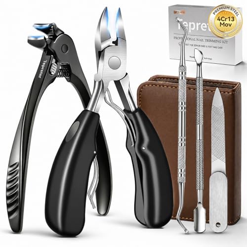 Toenail Clippers for Seniors, Heavy Duty Thick Nails Fingernail Clipper, Ergonomic Long Handle Angled Head Large Nail Cutter with Catcher for Men Women Manicure Set with Travel Case, 5Pcs