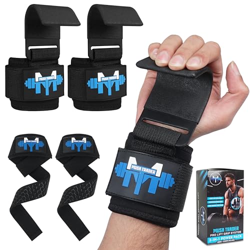 Musa Trader 2-in-1 Weightlifting Hooks & Wrist Straps for Men Women | Heavy Duty Lifting Hooks with Wrist Support | Deadlift Straps Gym Grip | Neoprene Padded | Supports 250 lbs