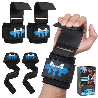Musa Trader 2-in-1 Weightlifting Hooks & Wrist Straps for Men Women | Heavy Duty Lifting Hooks with Wrist Support | Deadlift Straps Gym Grip | Neoprene Padded | Supports 250 lbs