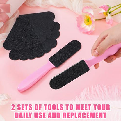 Mudder 2 Pack Stainless Steel Foot File with 20 Replaceable Double Sided Coarse & Fine Pads, Callus Remover for Dry Rough Skin and Cracked Heels, Reusable Pedicure Rasp(Pink) - color: Pink