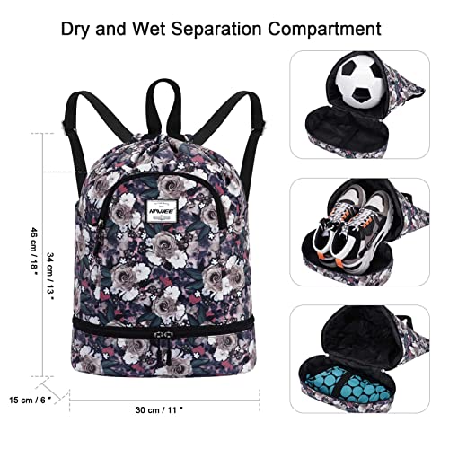 Dry Wet Drawstring Backpack with Shoe Compartment for Women Adjustable Gym Bag - color: Gray Rose