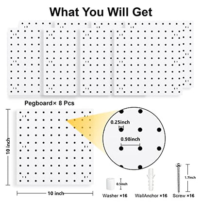 8Pcs Pegboard Wall Organizer Panels, White Pegboard Wall Mount | 10"x 10" ABS Pegboard for Craft Room, Garage, Kitchen, Living Room, Bathroom, Study Room, Peg Boards for Walls - size: White Peg Board- 8Pcs
