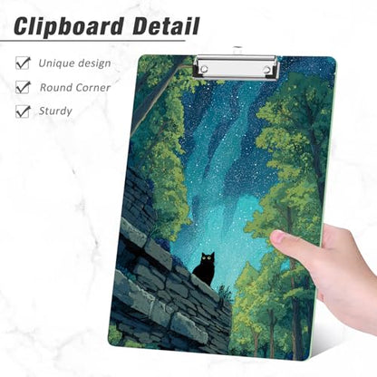 Rimilak Wood Clipboard, 8.5x11 Hardboard Clip Board, Night Cat | Fun Design, Cute Custom Pattern, 9 x 12.5 in Letter Size for Classroom, Teachers, Kid, Woman, School & Office Supply - color: Night Cat