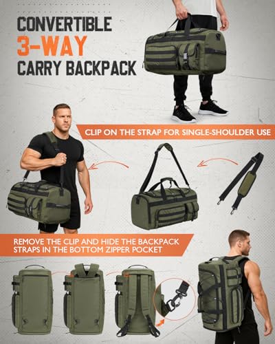 Gonex 45L Tactical Duffel Bag, 3-in-1 Gym & Travel Bag | Shoe compartment, Tactical gear loops, Water-repellent lining, 5 zip pockets, Weekend travel - color: Army Green, size: 45L