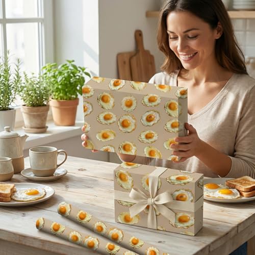Liobelon Fried Egg Wrapping Paper Roll – 17" x 16.5 Ft Sunny Side Up Gift Wrap with Cute Egg Pattern, Breakfast Themed Wrapping Paper for Food Lover, Kitchen Gift, Brunch Birthday Party Supplies - color: Fried Egg