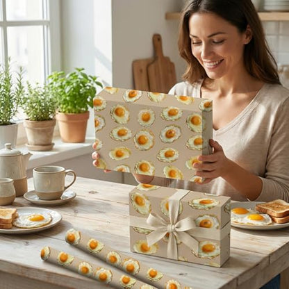 Liobelon Fried Egg Wrapping Paper Roll – 17" x 16.5 Ft Sunny Side Up Gift Wrap with Cute Egg Pattern, Breakfast Themed Wrapping Paper for Food Lover, Kitchen Gift, Brunch Birthday Party Supplies - color: Fried Egg
