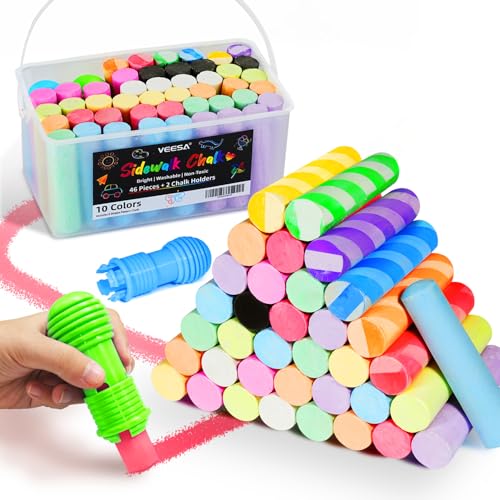 VEESA Sidewalk Chalk for Kids, Bucket Pack (46 Count + 2 Chalk Holders) | Jumbo Washable Non-Toxic for Driveway Outdoor Activities - size: 1 Count (Pack of 48)