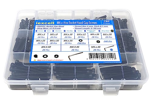 iexcell 720 Pcs M4 x 6/8/10/12/16/20/25/30/35/40/45/50 Alloy Steel 12.9 Grade Hex Socket Head Cap Screws Bolts Washers Assortment Kit, Black Oxide Finish - size: M4 x 6/8/10/12/16/20/25/30/35/40/45/50mm