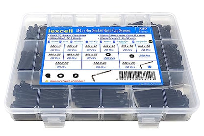 iexcell 720 Pcs M4 x 6/8/10/12/16/20/25/30/35/40/45/50 Alloy Steel 12.9 Grade Hex Socket Head Cap Screws Bolts Washers Assortment Kit, Black Oxide Finish - size: M4 x 6/8/10/12/16/20/25/30/35/40/45/50mm