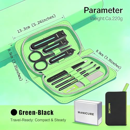 9-in-1 Manicure and Pedicure Kit for Men & Women, Travel Nail Clipper Set with Stainless Steel Tools & Glass Nail File, Portable Grooming Kit in PU Leather Case, Personal Care Gift - color: Green-Black
