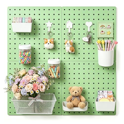 4-Pack Pegboard Wall Organizer, 11” x 11” Wall Mounted Boards with 10 Accessories, for Study Room, Kitchen, Garage, ABS Plastic, Screw or Adhesive Installation, Supports up to 110 lbs (Green) - color: Green
