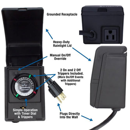 Intermatic HB11K Heavy-Duty Outdoor Plug-in Timer – 2 ON/2 Off Settings, 30-Min Minimum Intervals, Weatherproof Flip Cover, 15A/1800W, 1 HP Rated, 13" Cord – Ideal for Pool Pumps, Lights, Decorations