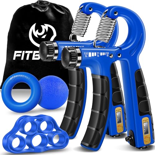FitBeast Hand Grip Strengthener Workout Kit (5 Pack), 2 Forearm Grip Adjustable Resistance Hand Gripper, Finger Stretcher, Grip Ring & Stress Relief Grip Ball for Athletes - color: Dark Blue