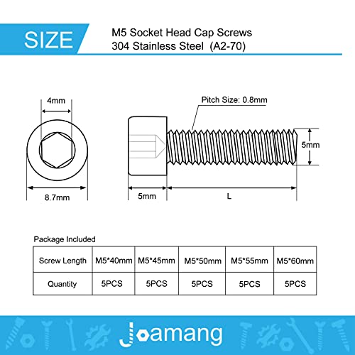 M5 x 40mm 45mm 50mm 55mm 60mm Socket Head Cap Screws Bolts, Stainless Steel 304, Metric Allen Hex Drive, Bright Finish, Fully Threaded, Assortment Kit 25PCS - size: Socket M5x40-60 mm