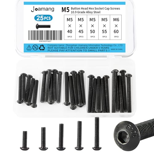 M5 x 40mm 45mm 50mm 55mm 60mm Button Head Socket Cap Screws Bolts, 10.9 Grade Alloy Steel, Black Oxide Finish, Metric Allen Hex Drive, Fully Threaded, Assortment Kit 25Pcs - size: Button M5x40-60 mm
