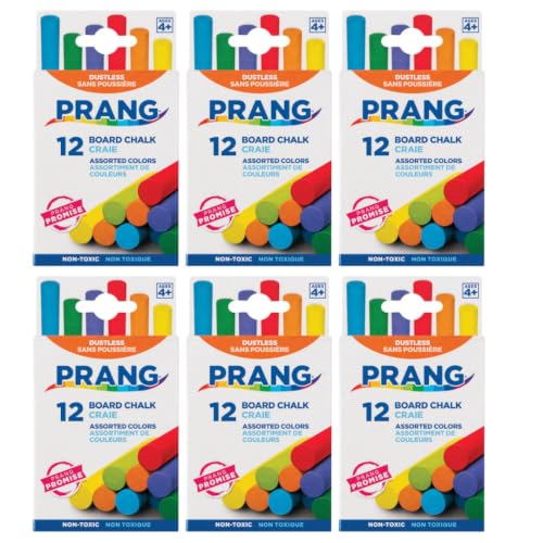Prang Hygieia Chalk, Assorted, 12/Pack, Set of 6 Packs, 72 Sticks Total | Chalkboard Chalk, Scratch Free, Smooth Laydown, Dustless, 3.25" x 0.375" Sticks, #61400 - color: Assorted, size: 12 Count (Pack of 6)