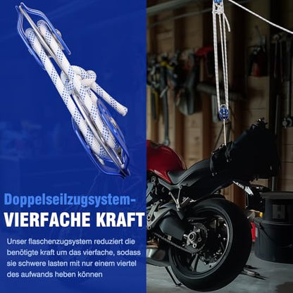 Double Block and Tackle Pulley System with 250Ft x 2/5'' Rope Pulley 6700 LB(30KN) Breaking Strength, 4:1 Lifting Power Sheave Pulley Hoist System for Garage, Attic Heavy Lifting - size: 2/5" x 250ft