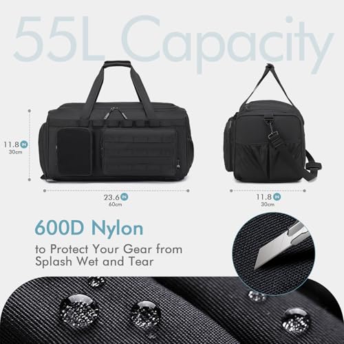 Tactical Gym Bag for Men 55L Sports Duffel Bags 3 in 1 Travel Duffel Bag with Shoe Compartment Waterproof Workout Backpack Carry On Bag for Overnight Weekender Travel Black - style: 55l-black