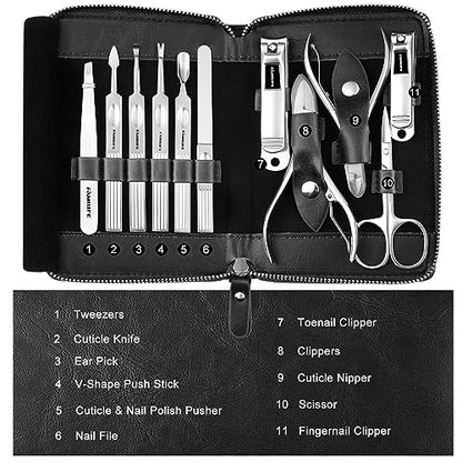 Manicure Kit, FAMILIFE Professional Manicure Set Nail Kit, 11 in 1 Stainless Steel Nail Clippers Set, with Portable Black Leather Travel Case Luxury Gifts for Him - color: Black