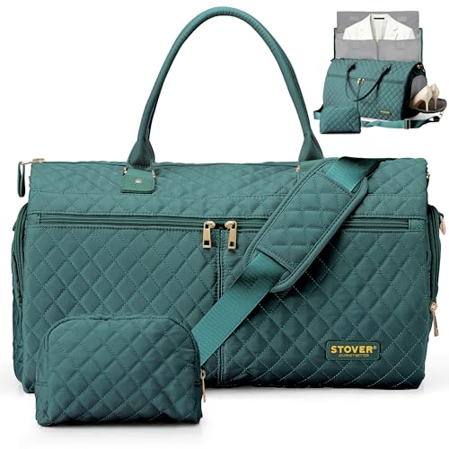 STOVER Women’s Convertible Garment Duffel Bag for Travel – 2-in-1 Carry-On Weekender/Overnight Tote - Wrinkle-Free Dresses, Suits & Clothes + Shoe Compartment & Bonus Toiletry Bag (Emerald Green) - color: Emerald Green