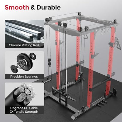 SPORTSROYALS Power Rack, Multi-Functional Power Cage, Squat Rack with Pulley System & LAT Pull Down, Workout Cage with J Hooks for Home Gym - color: Ruby Red, style: Power Cage Only