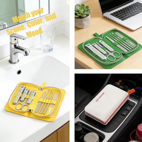 9-in-1 Manicure and Pedicure Kit for Men & Women, Travel Nail Clipper Set with Stainless Steel Tools & Glass Nail File, Portable Grooming Kit in PU Leather Case, Personal Care Gift - color: Yellow-Silver
