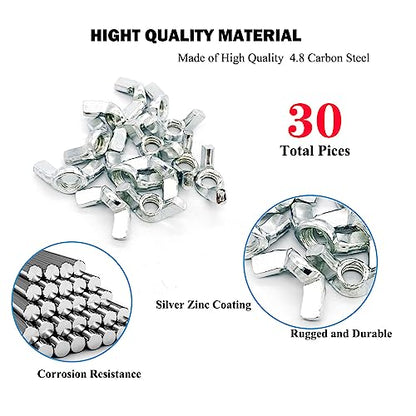 30 PCS 1/4-20 Inch Wingnuts, Quality Carbon Steel Wing Nuts Zinc Plated Fasteners Parts Butterfly Nut, Hand Twist Tighten Hardware Nuts Butterfly Wing-Nut 1/4-20” Assorted Kit - size: 1/4"-20 - Carbon Steel - 30 Pcs