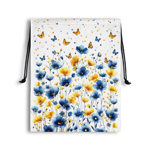 Butterfly Flower Drawstring Bag Pouch Bag for Outdoor Party Storage Headphones - color: Blue Yellow Flowers, size: 18"(H)*14"(W)