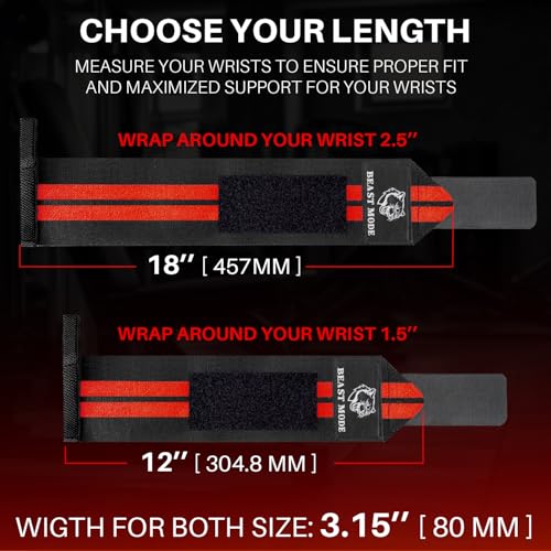 TECEUM Weightlifting 18" & 12" Wrist Wraps with Thumb Loop – Heavy Duty Wrist Workout Braces for Men and Women – Ideal for Powerlifting, Strength Training, Bodybuilding - color: Black and Red, style: 18" – Beast Mode