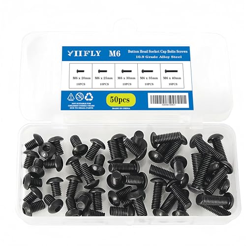 M6-1.0 Button Head Socket Cap Bolts Screws - 20/25/30/35/40mm Length Kit, 10.9 Grade Alloy Steel, Allen Drive, Black Oxide Finish, Full Thread,50-Piece Set - size: 12.9-Button-M6-20-40mm