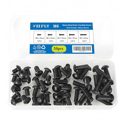 M6-1.0 Button Head Socket Cap Bolts Screws - 20/25/30/35/40mm Length Kit, 10.9 Grade Alloy Steel, Allen Drive, Black Oxide Finish, Full Thread,50-Piece Set - size: 12.9-Button-M6-20-40mm