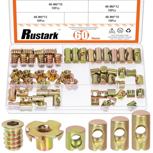 60Pcs M6 Yellow Zinc Barrel Nuts Four-jaw Tee Nuts and Threaded Insert Assortment Kit Metric Cross Dowels Slotted Nut T Nut Wood Inserts Bolt for Wood Furniture Beds Crib Chairs - style: 60pcs yellow zinc nuts assortment kit