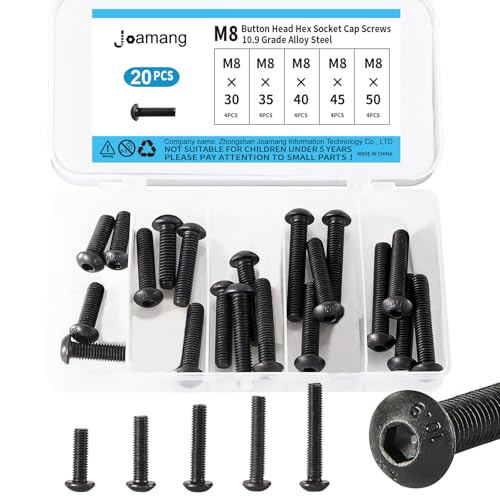 M8 x 30mm 35mm 40mm 45mm 50mm Button Head Socket Cap Screws Bolts, 10.9 Grade Alloy Steel, Black Oxide Finish, Metric Allen Hex Drive, Fully Threaded, Assortment Kit 20Pcs - size: Button M8x30-50mm