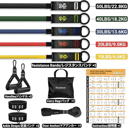 Readaeer Resistance Bands, Exercise Bands for Working Out with Handles | Resistance Bands with Handles, Door Anchor for Home Gym Full Body Strength Training, Muscle Tone, Yoga - size: 10-150LBS