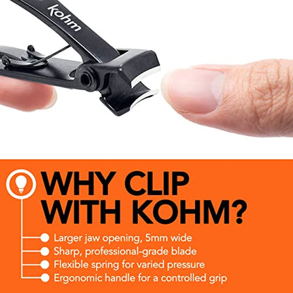KOHM Nail Clippers for Thick Nails - Heavy Duty, Sharp Wide Mouth Professional Fingernail and Toenail Clippers for Men, Women & Seniors, Black - color: Curved-black
