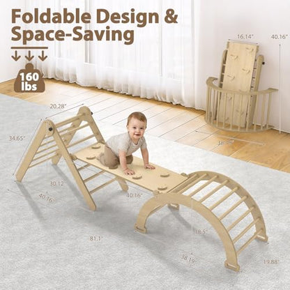 Large Pikler Triangle Set, 7-in-1 Toddler Climbing Toys Indoor, Wooden Montessori Climbing Set with Arch Ramp Ladder, Foldable Baby Jungle Gym Playground (Wood Natural) - color: Nature Wood