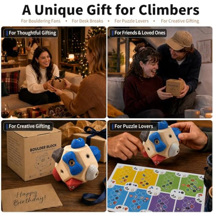 Boulder Block Rock Climbing Grip Trainer - 12 Unique Resin Holds with Color-Guided Training Paths, Premium Wood Finger Strength Trainer for Climbers, Portable Bouldering Gift for Men & Women